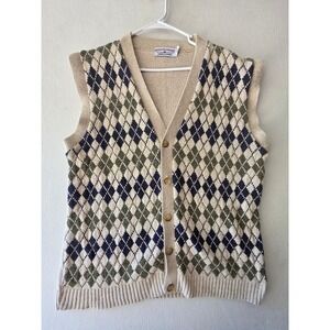 Vintage Boca Classics Argyle Sweater Vest Tan Navy Button Front Mens Large USA